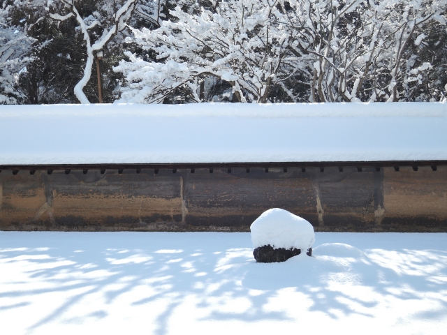 竜安寺の庭。真っ白な雪が降り積もっている。